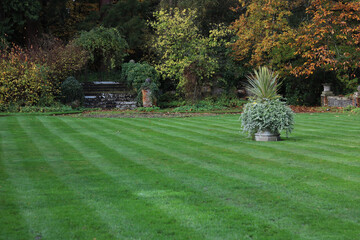 Formal garden with mown lawn and planter with copy space