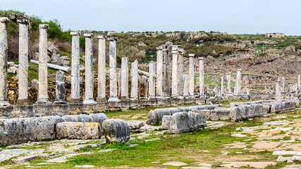 Marble columns in the Ancient city of Perge near Antalya, Turkey