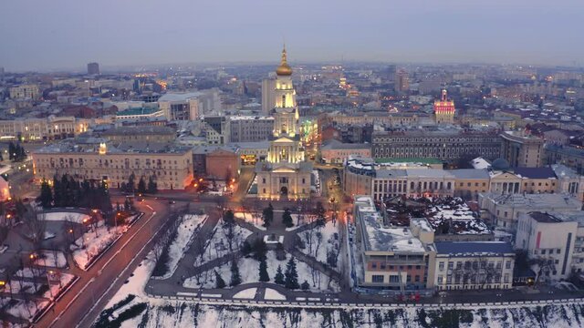 Kharkiv city from above. Aerial view of the Assumption Cathedral (Uspenskiy Sobor). Aerial view of city center at winter.