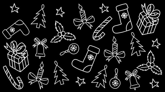 Animation of pattern with doodle style christmas elements. Bells, presents, christmas toys