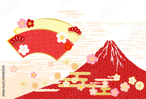 赤富士と和紙と扇の浮世絵風和柄背景 Wall Mural Wallpaper Murals Rrice
