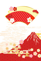 赤富士と和紙と扇の浮世絵風和柄背景