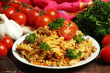 Fusilli pasta with meat and vegetables