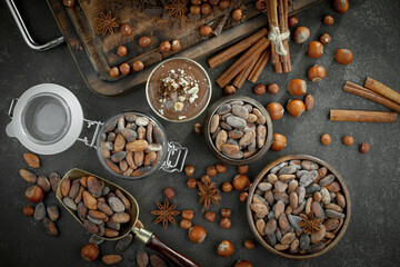 Cocoa beans on old background