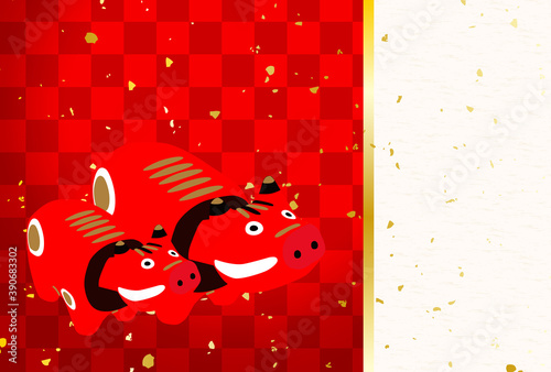 丑年の年賀状親子の赤べこ 赤色背景和風イラスト Wall Mural-rrice