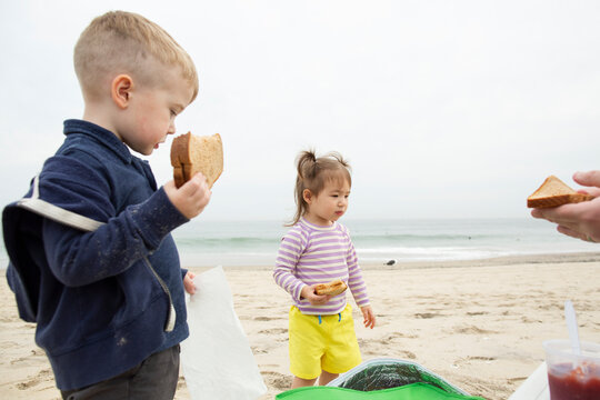 Two Kids Eat Peanut Butter And Jelly Sandwiches Together At The Beach