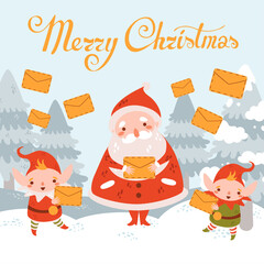 Merry christmas and happy new year vector postcard with cheerful Santa Claus and cute elfes hold the letter. Winter forest landscape. Fir tree. Vector illustration. Lettering Merry Christmas