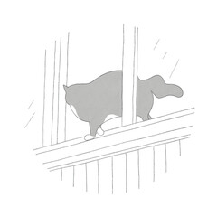 Watercolor illustration of a gray cat on the glazed balcony. Simple hand drawn cat illustration on the white background. Cat in the window of the balcony 