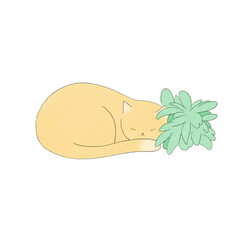 Cute ginger cat sleeping near small bush. Digital watercolor on the white background. Hand drawn sleeping cat drawing 