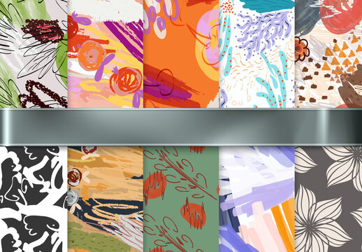 Seamless Pattern Collection with Hand Drawn Strokes and Floral Elements