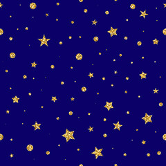 Seamless Glitter Stars vector pattern. Shiny stars, dots on dark blue background. Sparkles for holidays, New Year, Christmas, Birthday. Vector Xmas Magic night illustration for wallpaper, space print
