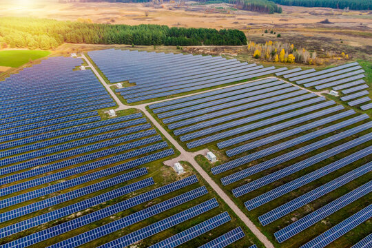 drone photography solar power plant. Solar panels, photovoltaic, alternative source of electricity Solar energy Farm plant.
