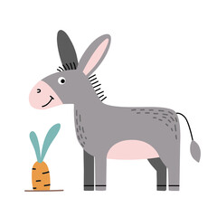 Cute cartoon rabbit or bunny sitting in front of carrot. Doodle style vector illustration.