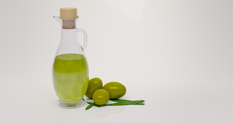 Olive oil in a small bottle with some olives and leaves, 3d illustration
