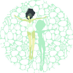 beautiful vector postcard with a girl in the sea. card with composition in a circle on a white background