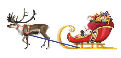 Watercolor reindeer sledding Santa Claus with a bag of gifts © Olga F