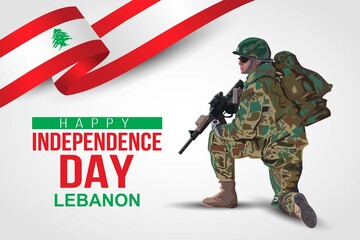 illustration of 22nd of November background for Happy Independence Day of Lebanon. a soldier with gun and flag. Vector illustration.