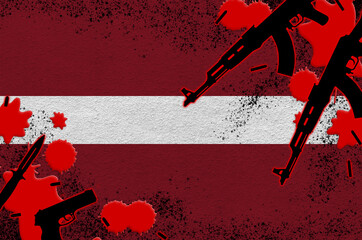 Latvia flag and guns in red blood. Concept for terror attack and military operations