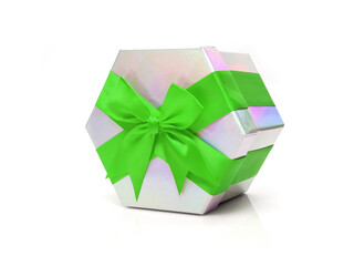 Silver gift box with green satin bow isolated on white background. 