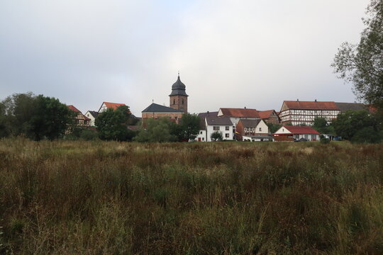 Breitenbach, belonging to town Bebra, Hessen/ Germany - August 16 2020: Village Breitenbach located straight at river Fulda in Hesse, Germany