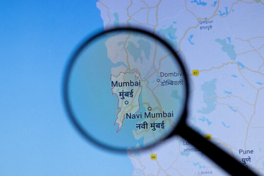 Los Angeles, California, USA - 1 May 2020: Mumbai City Town name with location on map close up, Illustrative Editorial