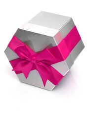 Silver gift box with pink satin bow isolated on white background. 