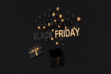 Black Friday golden text and cluster of black golden flying balloons, gift box on black background, 3d render