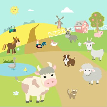 landscape with farm animals. Cow, donkey, sheep, goat, pig, cat, dog, rooster, chicken and goose on the background of a mill, barn and a tractor. Cute cartoon vector illustration in flat style