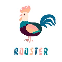 Fototapeta na wymiar multicolored rooster, isolated vector illustration with hand lettering, an image in flat style