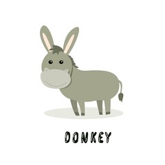 Fototapeta na wymiar cartoon donkey on isolated background, cute vector illustration in flat style + hand lettering