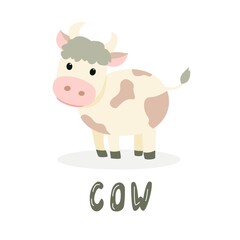 cartoon cow on isolated background, cute vector illustration in flat style + hand lettering