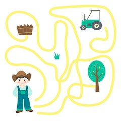 Educational game for preschool children. help the farmer get to the tractor. Labyrinth. Cute vector illustration in flat style. 