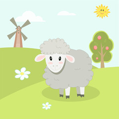
cute farm animals, landscape with cartoon sheep vector image