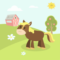 Obraz na płótnie Canvas cute farm animals, landscape with cartoon horse vector image