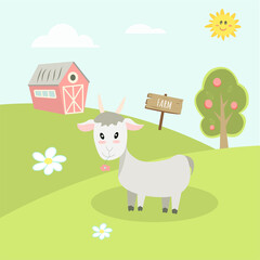 
cute farm animals, landscape with cartoon goat vector image