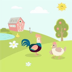 
cute farm animals, landscape with cartoon rooster, hen, goose, duckling vector image