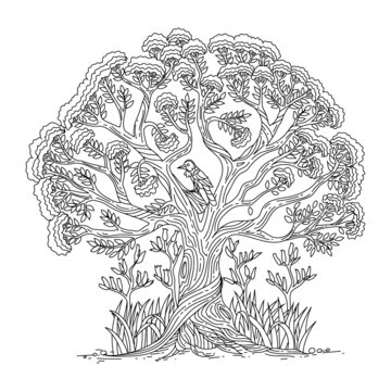 Hand Drawn Outline Tu'i Bird On The Tree