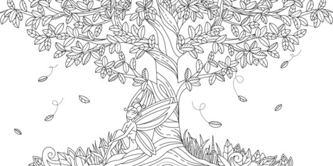 Outline Hand Drawn Fairy Sleep Below The Tree  with Adult Coloring Style