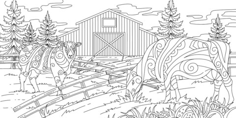 Fototapeta premium Outline Hand Drawn Farm With Adult Coloring Style