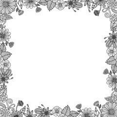 Outline Hand Drawn Floral Frame With Adult Coloring Page Style