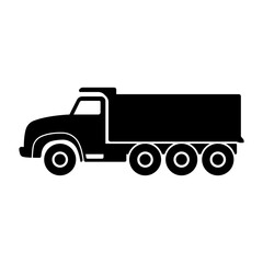 Dump truck icon. Black silhouette. Side view. Vector flat graphic illustration. The isolated object on a white background. Isolate.