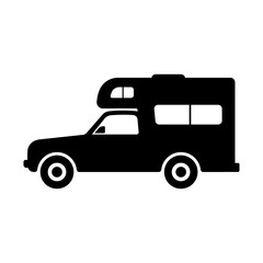Motorhome based pickup truck icon. Black silhouette. Side view. Vector flat graphic illustration. The isolated object on a white background. Isolate.