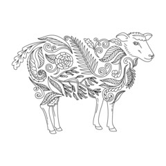 Outline Hand Drawn Floral Sheep Adult Coloring
