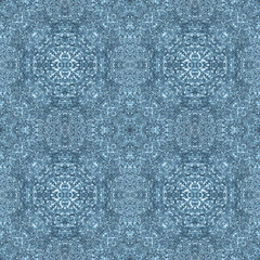 Abstract grainy pattern. Light blue square background with white grain and kaleidoscopic ornaments
