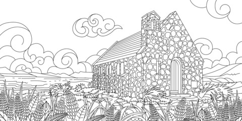 Outline Hand Drawn Tekapo Curch New Zealand Adult Coloring