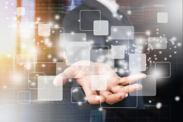 Businessman hand with social media illustration