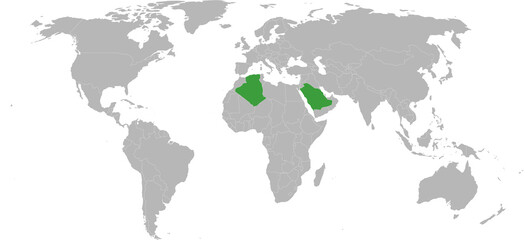 Saudi arabia, Algeria Islamic countries isolated on world map. Business concepts, trade, travel and transport relations.