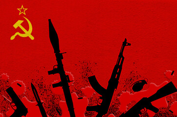 Soviet Union flag and various weapons in red blood. Concept for terror attack or military...
