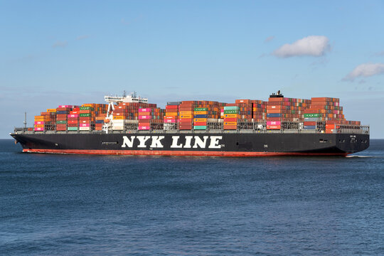 CUXHAVEN, GERMANY - OCTOBER 28, 2020: NYK OWL on the river Elbe. Nippon Yusen Kabushiki Kaisha (NYK) is one of the oldest and largest shipping companies in the world.
