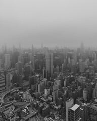Aerial view on Midtown Manhattan on a foggy day in Black and white photo